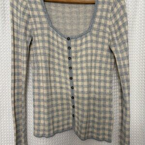 Plaid Scoop Neck Sweater with Faux Buttons